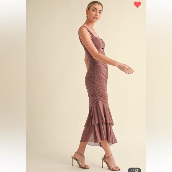#155 RUCHED SOLID MESH FISH TAIL MIDI DRESS - Picture 4 of 7